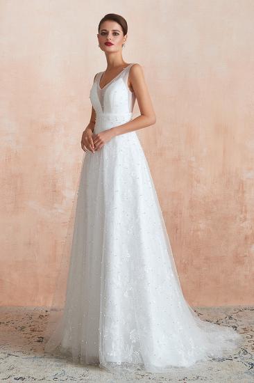 Fantastic V-Neck Sleeveless White Appliques Wedding Dress With Pearls_4
