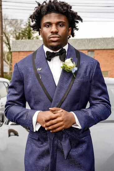 Waller Navy Jacquard Shawl Lapel Prom Suits With Black Pants_2