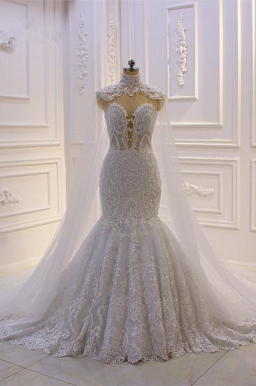 Luxury 3D Lace Applique High Neck Tulle Mermaid Wedding Dress_6