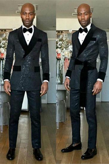Kingston Black Shawl Lapel Double Breasted Slim Fit Wedding Groom Suit_1