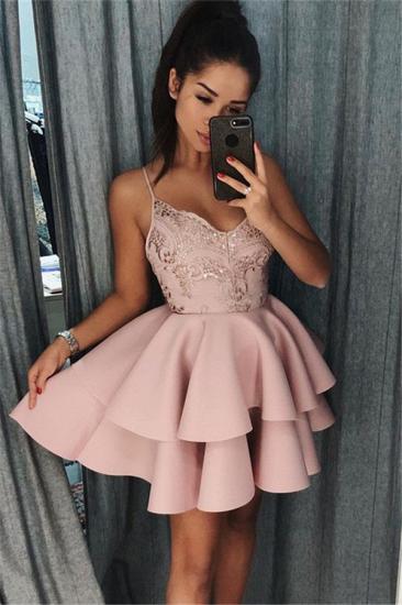 Pink Spaghetti Straps Short Homecoming Dresses | Tiered Appliques Cheap Hoco Dresses_1