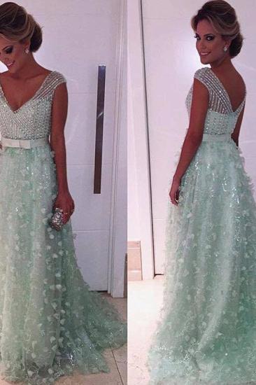Crystals V-neck Mint Green Evening Dress 3D Flowers Long Formal Dress_2