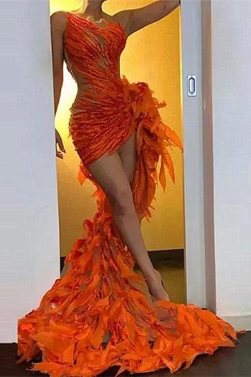 Orange sequined feathers high low prom dress