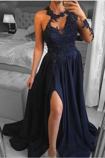 Navy Side Slit Long Sleeve Prom Dress | Long Lace Prom Dresses_3