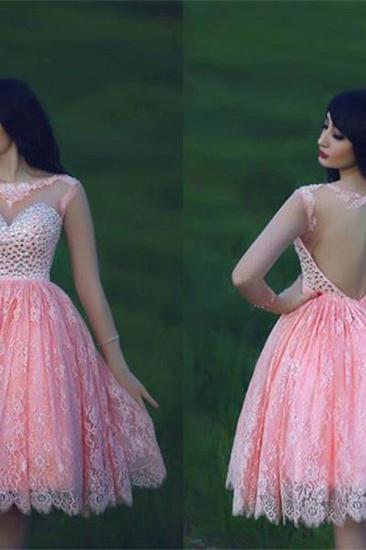 Cute Pink Lace Crystal Short Homecoming Dresses Open Back Mini Designer Fitted Cocktail Dress for Juniors_3