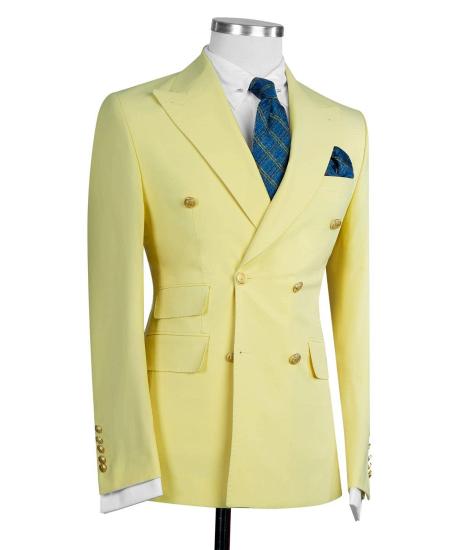 Yellow Fashion Double Breasted Peaked Lapel Men Suits_2