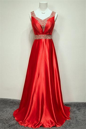 A-line Red Crystal Sexy Long Prom Dress Sweep Train Zipper Popular Evening Gowns with Beadings