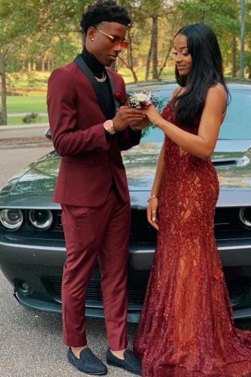Wheeler Burgundy Two Buttons Prom Suits With Navy Shawl Lapel_2