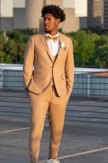 Warner Khaki Peaked Lapel Three Pieces One Button Prom Suits_2