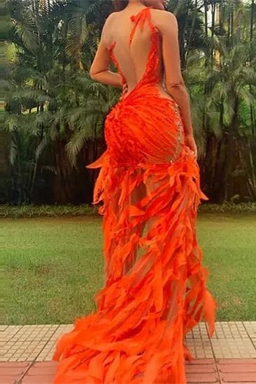 Orange sequined feathers high low prom dress_2