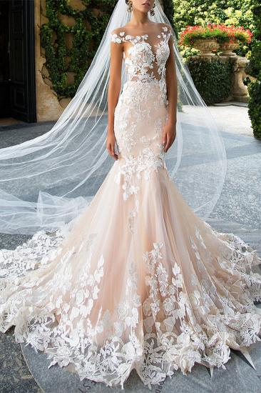 Glamorous Cap Sleeve Mermaid Bridal Gowns | Lace Appliques Slim Wedding Dress