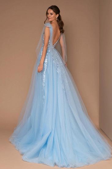 Stylish Sky Blue Deep V-Neck Tulle Lace Maxi Evening Dress_2