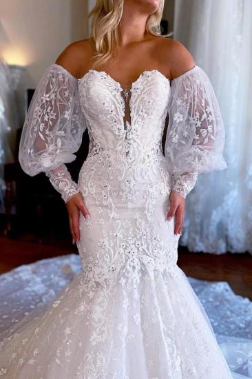 Sweetheart White Tulle Lace Bridal Gown Strapless Mermaid Wedding Dress_4