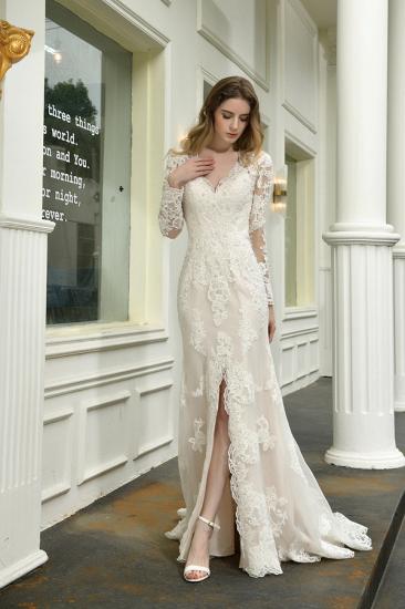 Delicate V-Neck High Split Long Sleeves Lace Wedding Dress With Court Train_4