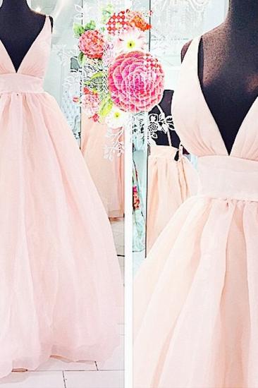 Pink Deep V-Neck Charming Evening Dresses Floor Length Stunning Prom Dresses_2