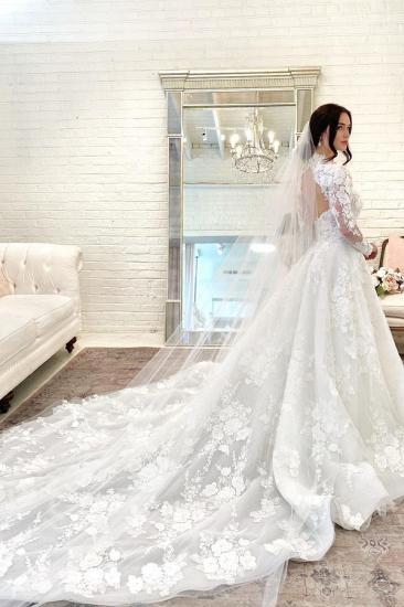 Floral Lace Aline Long Sleeves Floor-Length Wedding Dress_5