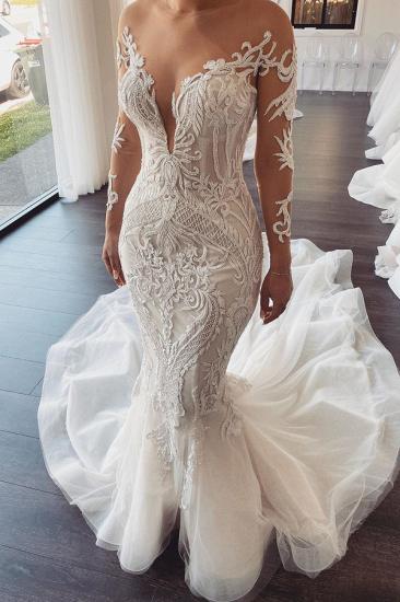 Long Sleeve White Sheer Neck Lace Mermaid Wedding Dress