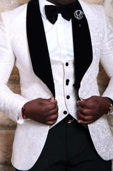Handsome White Groom Tuxedo Online | Jacquard Three Piece Mens Suit