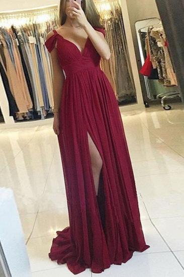Chiffon A-line Burgundy Formal Dress Cheap Side Slit Long Off-the-Shoulder Prom Dresses_2