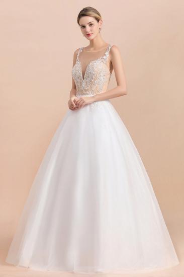 Gorgeous Illusion neck Buttons Sleeveless White Ball Gown Wedding Dress_3