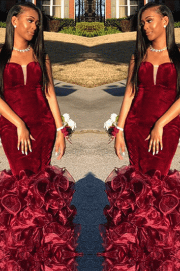 2022 Strapless Mermaid Burgundy Velvet Prom Dresses | Sexy Ruffles Tulle Evening Dress Cheap_2