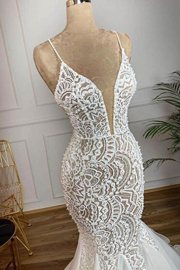 Luxury Spaghetti Strap Plugging V-neck White Sleeveless Mermaid Hollow Wedding Dress_2