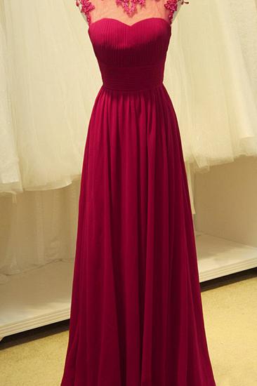 Elegant Ruby Chiffon High Neck Long Evening Dresses Sheer Top Beading Appliques Mother Dresses_1