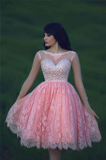 Cute Pink Lace Crystal Short Homecoming Dresses Open Back Mini Designer Fitted Cocktail Dress for Juniors_1