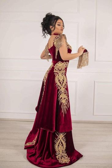 Sleeveless Velvet Burgundy Mermaid Prom Dress Tassel Gold Appliques Evening Gown with Side Split_2
