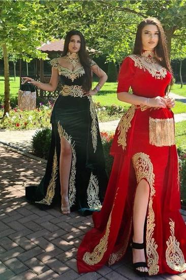 Gorgeous Halter Red Velvet Mermaid Evening Gown with Gold Appliques Half Sleeves_3