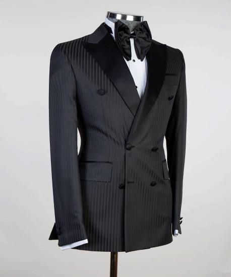 Black Stripe Double Breasted Point Collar Chic Men's Prom Suit_2