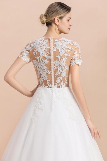 Elegant White Short Sleeves Ball Gown Buttons Lace Applique Wedding Dress_6