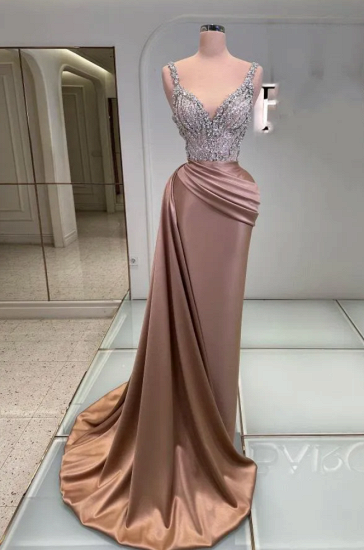 Charming V-Neck Long Satin Prom Dress Glitter Sequins Sheath Evening Gown_2