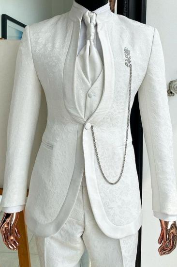York Stylish White Jacquard Three Piece Wedding Suits_1