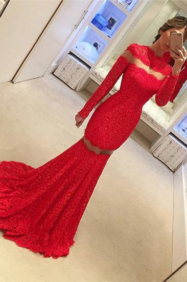 Mermaid Lace Long-Sleeve Sexy Red Sweep-Train Prom Dress_1