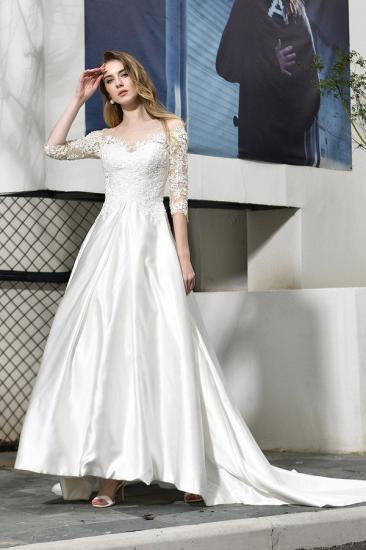 Modern Illusion neck A-Line Satin Lace Fall Long Wedding Dress with 3/4 Sleeves_6