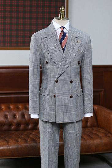 Alves Grey Plaid Lapel Double Breasted Custom Mens Business Suit_2