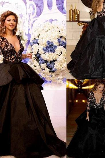 Black Sleeves Sexy Deep-V-Neck Tiered Open-Back Lace Prom Dress_3