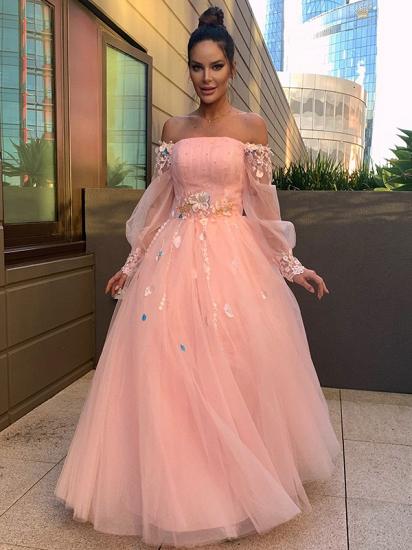 Pink puffy pricess tulle long sleeves floor lenth prom dress_4