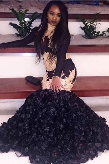 2022 Gold Lace Black Prom Dresses on Mannequins | Sexy Mermaid Flowers Bottom Graduation Dress_2
