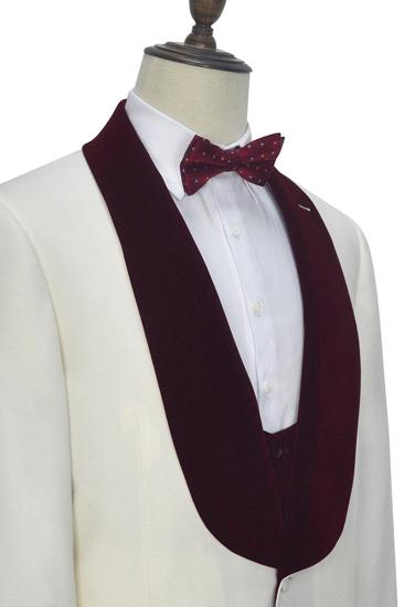 Velvet Shawl Collar White Wedding Tuxedo |  Burgundy Tank Top Three Piece Wedding Dress_6
