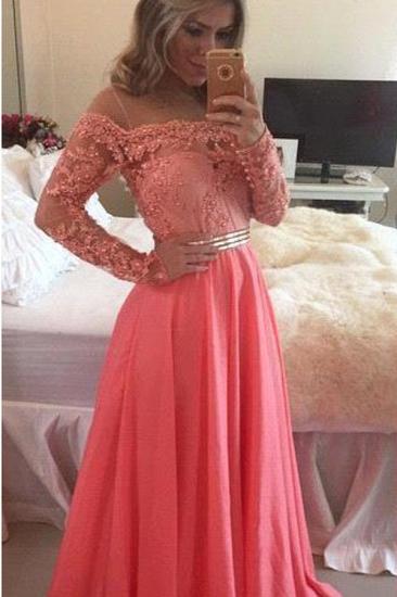 Cute Pink Long Sleeve Lace Beading Prom Dress New Arrival Chiffon Long Dress for Women_1