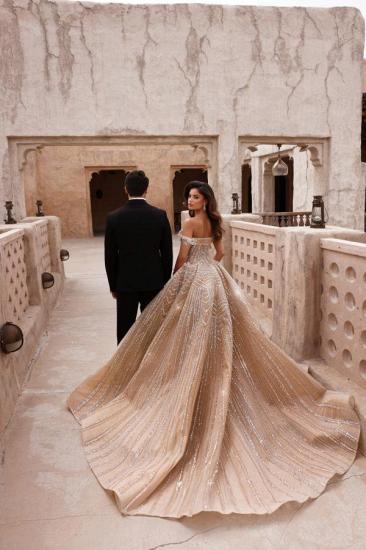 Champagne Sparkly Off Shoulder A Line Long Prom Dresses_5