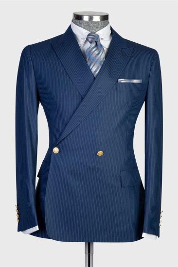 Navy Blue Stripe Double Breasted Point Collar Slim Men's Suit_1