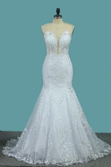 Bradyonlinewholesale stylish Jewel Sleeveless White Tulle Wedding Dress Mermaid Appliques Bridal Gowns with Wraps Online