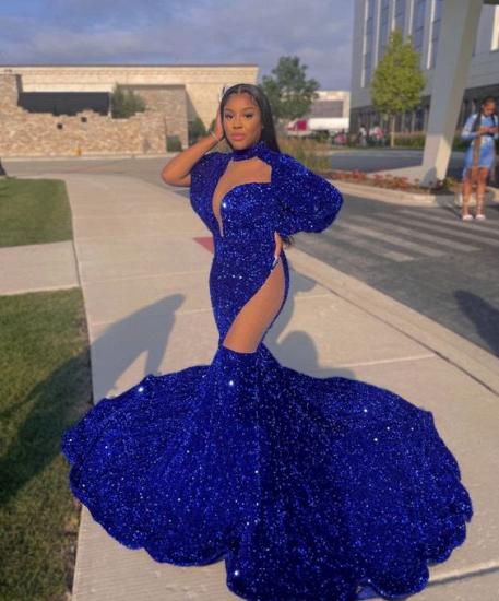 Sparkle long sleeves royal blue sequin mermaid prom dress_2