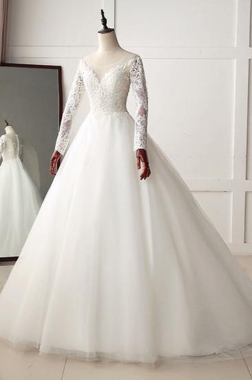Bradyonlinewholesale Elegant Jewel Tulle Lace White Wedding Dress A-Line Long Sleeves Appliques Bridal Gowns On Sale_3