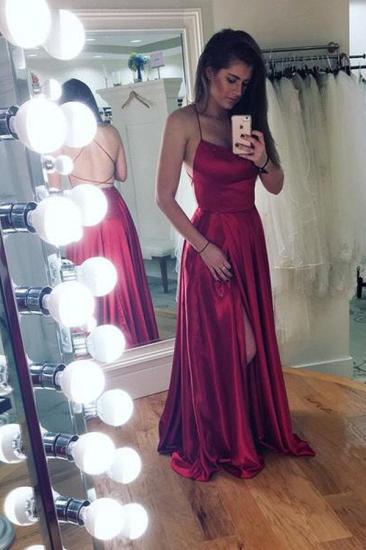 Simple A-Line Backless Prom Dresses | Spaghetti Straps Side Slit Evening Gowns_2