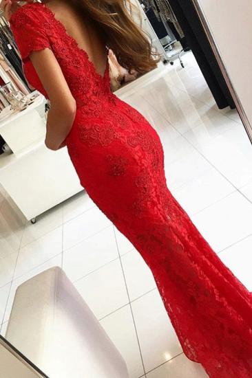 Short Sleeves Mermaid Evening Dress Backless Red Party Dress with Lace Apliques_3