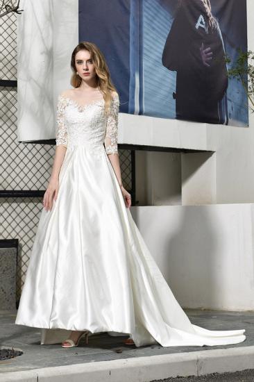 Modern Illusion neck A-Line Satin Lace Fall Long Wedding Dress with 3/4 Sleeves_3